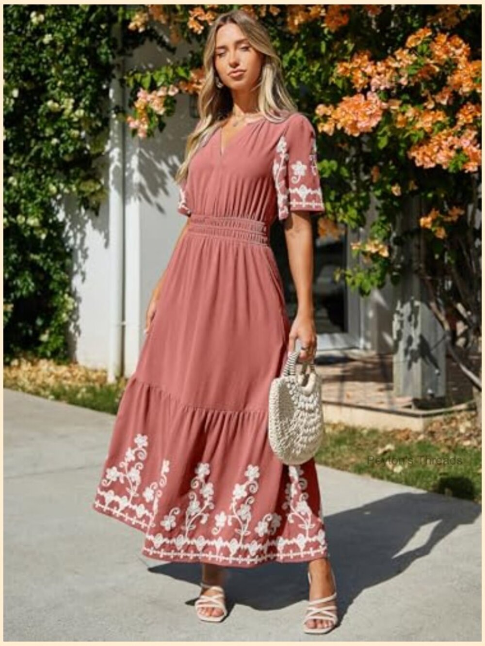 Women's Embroidered Floral Boho Maxi Dress V-Neck Short Sleeve A-Line - Picture 3 of 7